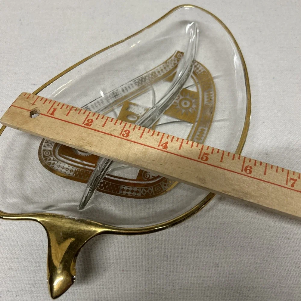 Vintage Georges Briard Glass Leaf Tray Gilded Gold Accent Greek Candy‎ Nut Dish